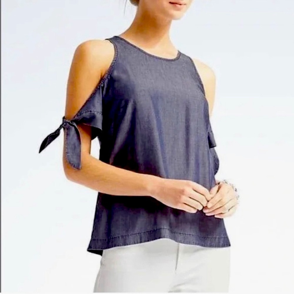 Banana Republic tie sleeve cutout open shoulder chambray top xxs